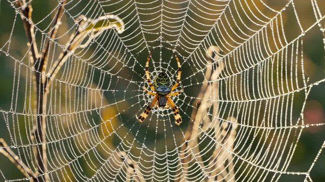 Spider on dewy web in nature emphasizing the majestic scale of the natural world