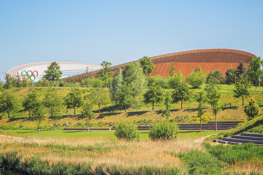 London, UK - 21 September, 2025 -  London Olympic rings and Lee Valley VeloPark in Queen Elizabeth Olympic Park