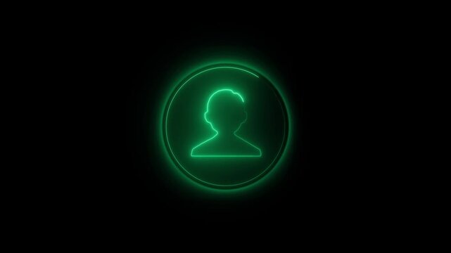 Green neon silhouette of person icon on black. Avatar profile icon for authorized account login. Green neon profile animation for digital identity user.