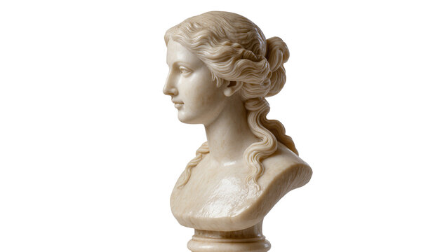 Classical marble bust of a woman with braided hair, isolated on transparent background