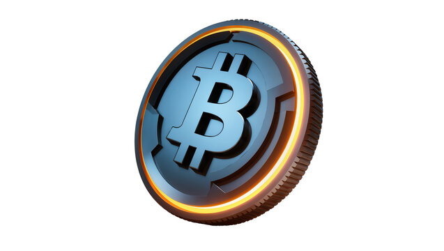 Metallic Bitcoin symbol coin with glowing orange rim, isolated on transparent background