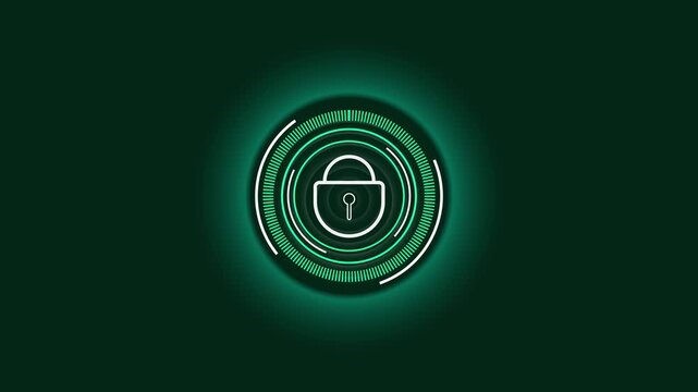 Teal and white neon lock icon with HUD effect. Cyber security lock symbol for data privacy encryption. Digital lock icon animation for network safety firewall.