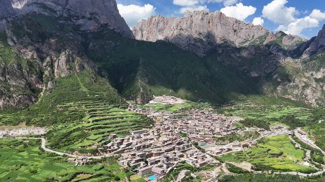 Scenic Zagana Village with Terraced Fields Drone Pull Back