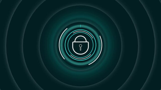 Digital lock icon with concentric circles glowing effect. Cyber security lock symbol for internet safety protection. Digital lock icon animation for access permission.