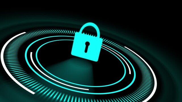Cyan lock symbol on glowing digital interface background. Cyber security lock for server database data privacy. Digital lock animation for network access safety.