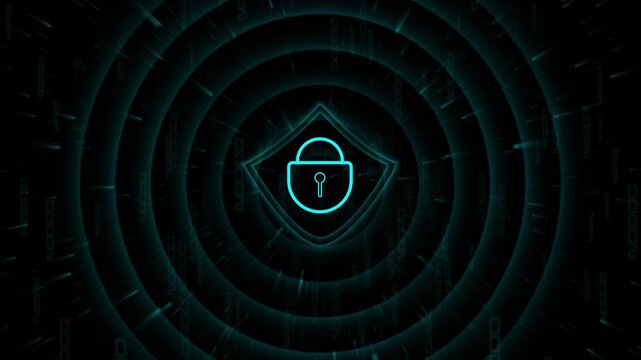 Cyan neon lock icon with digital matrix background. Cybersecurity padlock symbol for network system protection. Digital lock animation for internet database privacy.