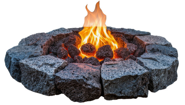 Stone fire pit with glowing lava rocks and bright flames, isolated on transparent background