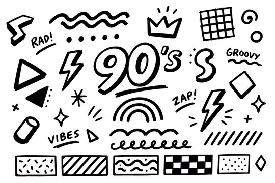 90s Retro Doodle Elements Black Sketch Set Vector