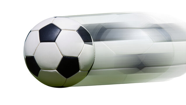 Classic black and white soccer ball in motion, isolated on transparent background