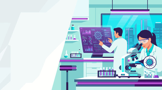 Medical researchers analyzing virus genetic data with a modern microscope in a futuristic science laboratory background.