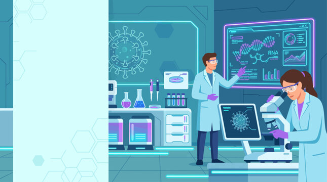 Two professional scientists analyzing virus RNA structure in a high-tech medical laboratory background with blank vertical text space.
