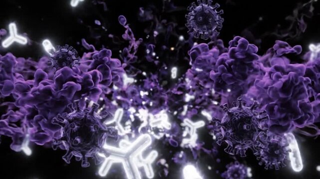Epic immune system metaphor showing glowing white antibodies neutralizing dark purple pathogens in a dramatic explosion of smoke and ligh