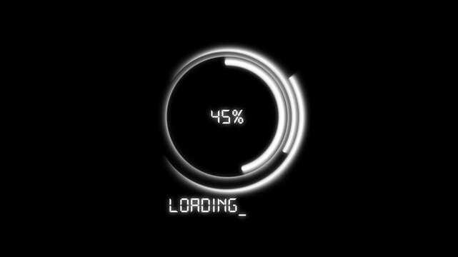 White loading circle with percentage and loading text. Circular loading indicator for digital software install. Digital loading circle animation for tech monitor.