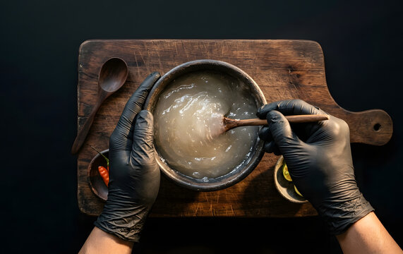 Top view of food stylist in black gloves handling authentic Indonesian papeda sago.