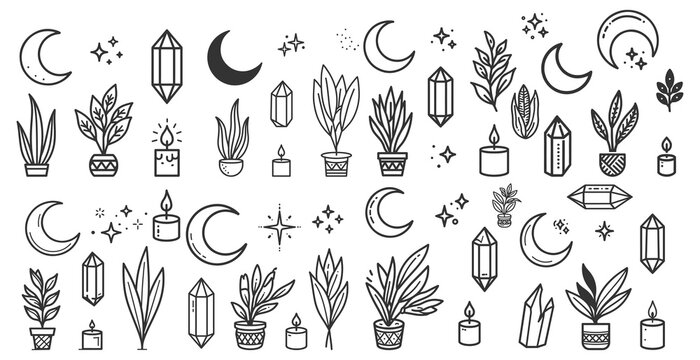 Large collection of bohemian mystical line art icons for spiritual design projects