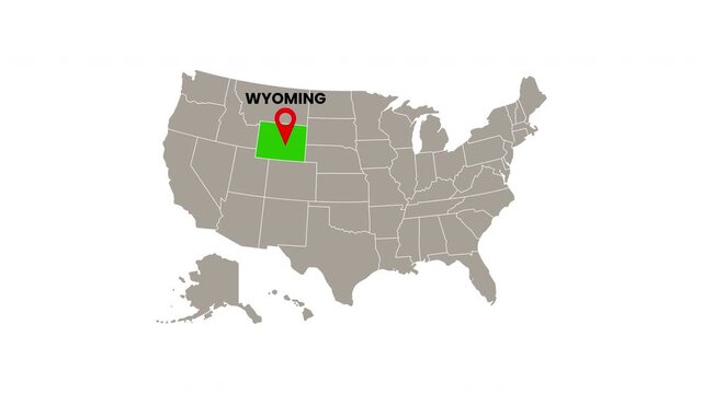 United States map with Wyoming state highlighted in green and marked with a red location pin