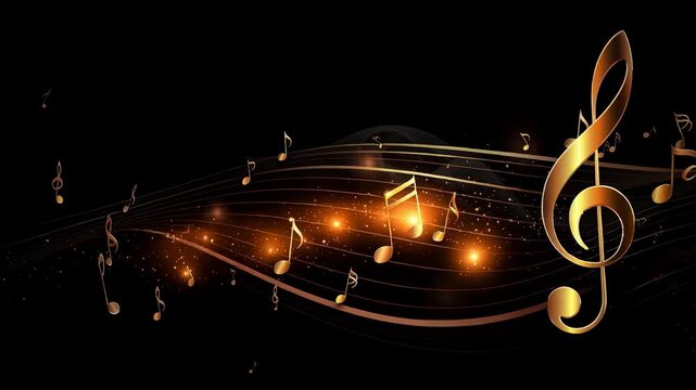 Golden musical notes and treble clef with glowing light effects on a black background
