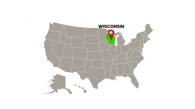 United States map with Wisconsin state highlighted in green and marked with a red location pin