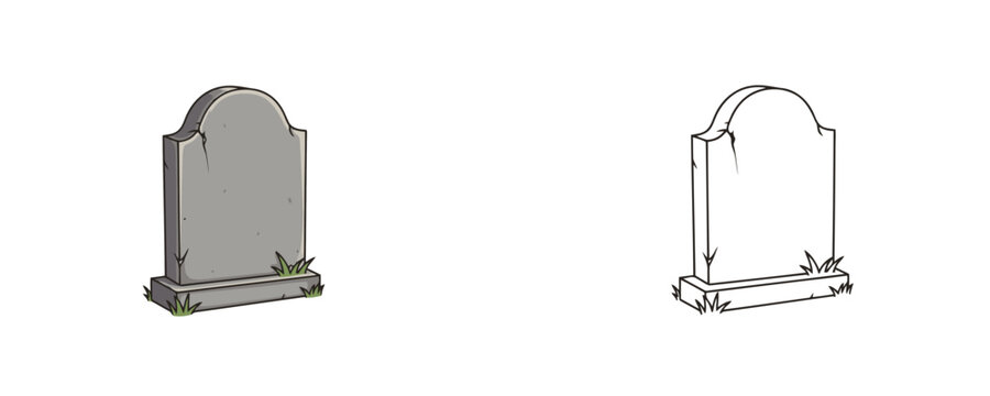 Vector cartoon illustrations of a stone graveyard tombstone in flat colored and black line styles with grey and green colors used for marking a burial site in a cemetery