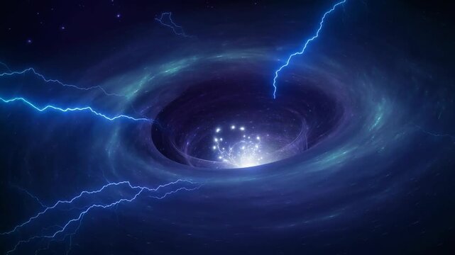 Stunning cosmic black hole with swirling galaxy and electric blue lightning in deep space