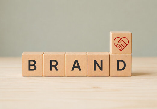 Brand Trust and Customer Loyalty concept. Wooden block forming the word BRAND with a handshake icon, symbolizing trust, credibility, partnership and strong customer relationships in business.