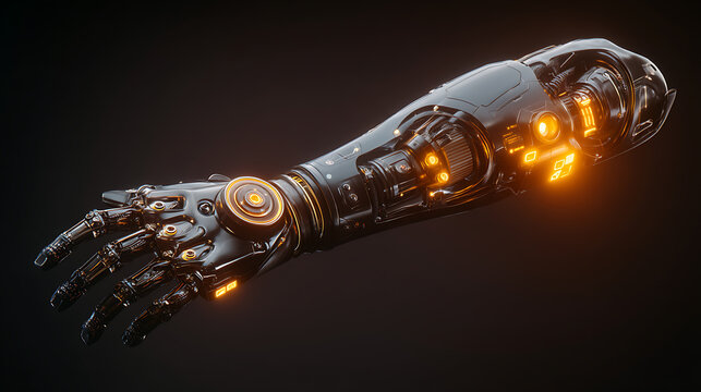 A futuristic prosthetic arm with complex mechanisms and an orange indicator light