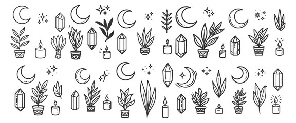 Fototapeta premium Comprehensive set of bohemian magical icons featuring plants moons and spiritual symbols