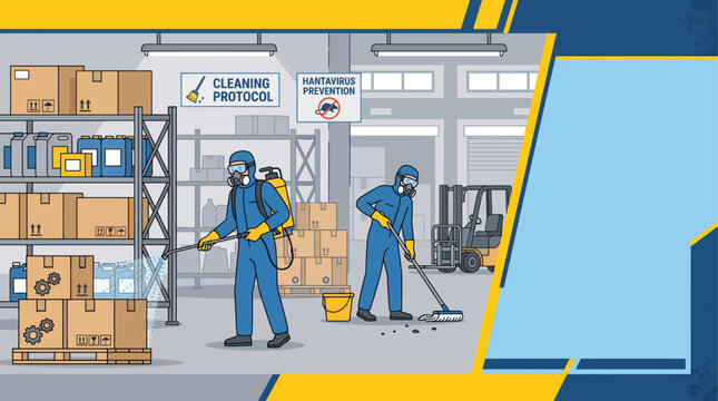 Warehouse disinfection process for Hantavirus prevention, with workers in protective gear implementing a thorough cleaning protocol in an industrial storage facility