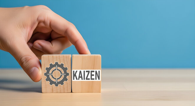 Hand holding wooden blocks with Kaizen gear on table indoors