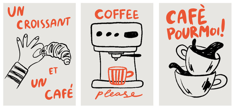 Hand drawn coffee posters. Breakfast la dolce vita doodle print design in chalk, crayon drawing style for invitations, menus, parties. Vector illustration of croissant and coffee. Minimalist line art