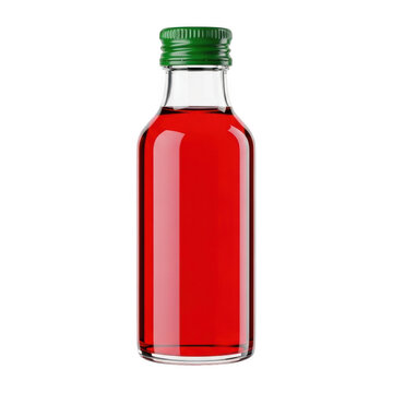 Red liquid bottle with green cap and label