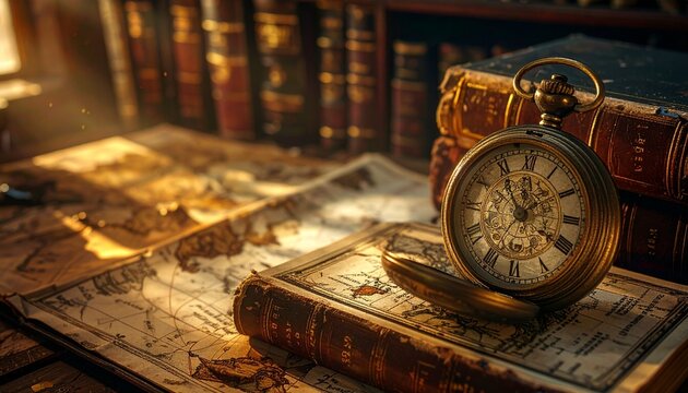 Close up of an antique pocket watch resting on a classic leather-bound book with old maps and books in background book collection knowledge education discovery