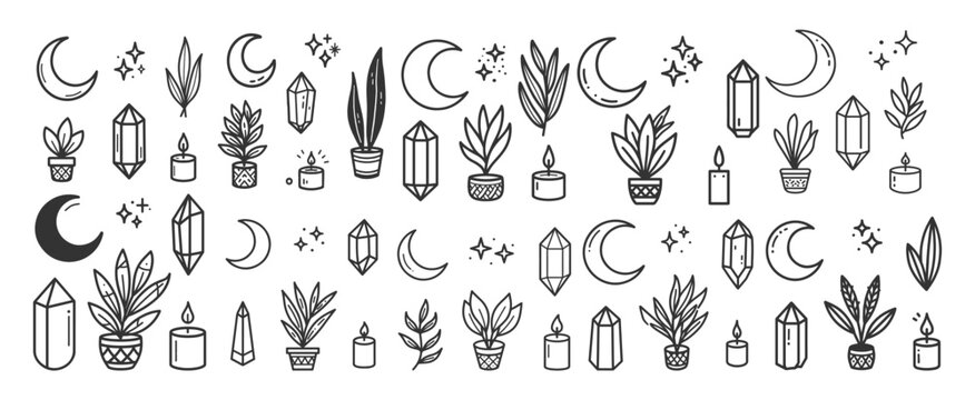 Set of Hand Drawn Mystical Elements with Crystals Plants and Moon Icons