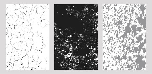 Set of three texture panels with cracked earth, corroded rough surface, and abstract granular camouflage design, high-contrast black-and-white patterns for backgrounds or digital art © Lipitorika
