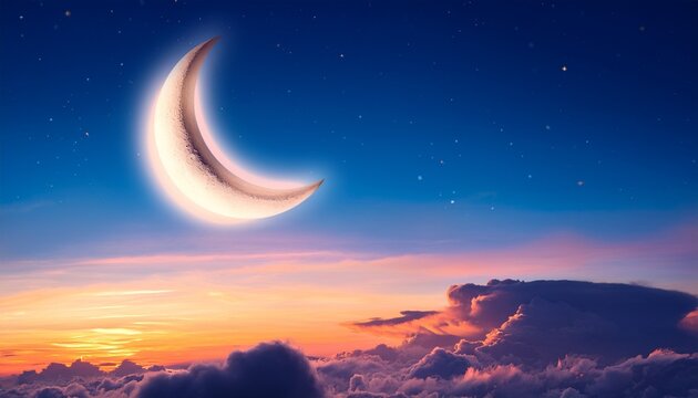 Crescent Moon On Cloud In Twilight Sky With Soft Lighting For Celestial Themes