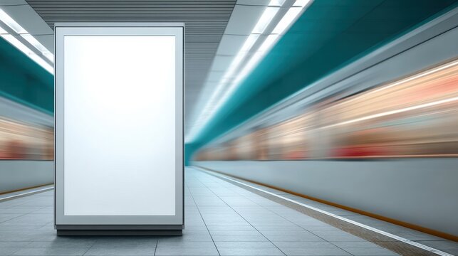 Stunning photo of blank vertical billboard mockup on a subway station platform with a blurred train moving in the background.