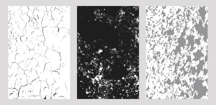 Set of three texture panels with cracked earth, corroded rough surface, and abstract granular camouflage design, high-contrast black-and-white patterns for backgrounds or digital art