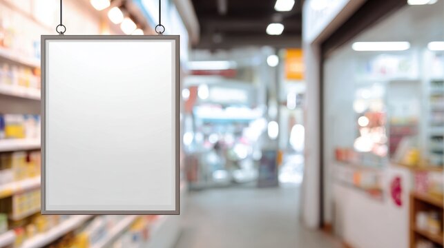 Stunning photo of blank vertical poster mockup hanging in a blurred pharmacy or retail store interior.