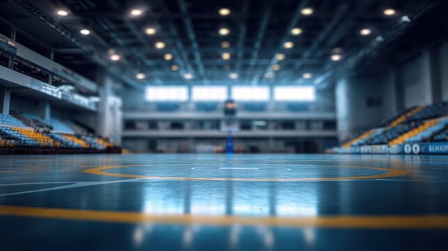 Stunning photo of blurred background of a futsal arena with an empty court and seating area. The image captures the indoor sports facility, highlighting the court markings and.