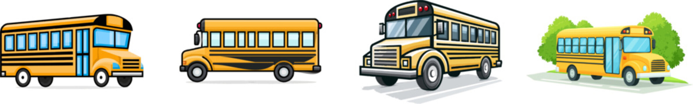 A vibrant yellow school bus with blue windows drives along a simple geometric road plane in a minimalist style