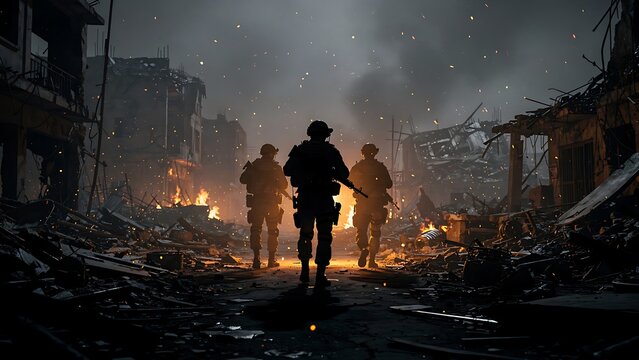 Silhouettes of people in war zone.