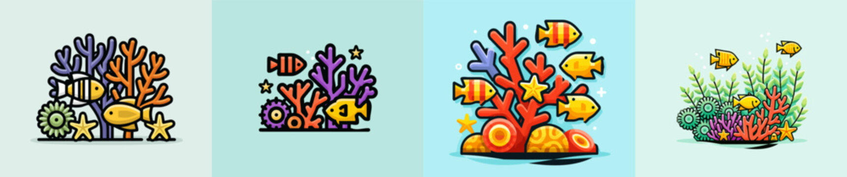 A stylized coral reef with geometric fish, anemone circles, and starfish, all in flat shapes, is depicted against a solid pale turquoise background