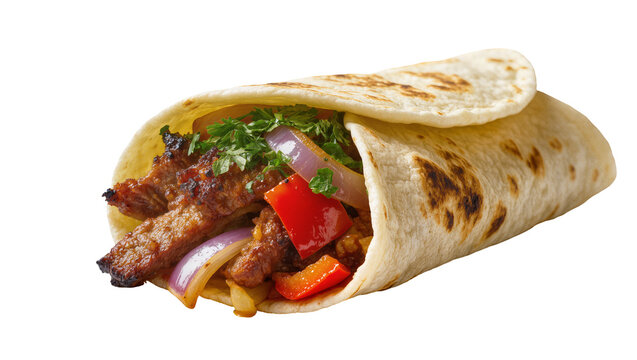 Savory beef fajita wrap with grilled steak onions peppers and cilantro, isolated on transparent background