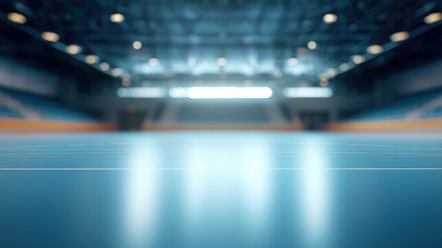 Stunning photo of blurred background of a futsal arena with an empty court and seating area. The image captures the indoor sports facility, highlighting the court markings and.