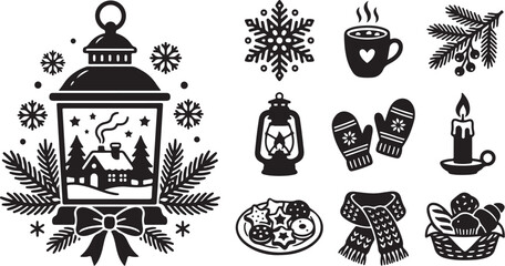 Obraz premium Winter Holiday Icons and Symbols in Black White