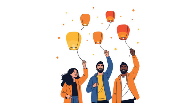 Wishful Skyward: Three diverse individuals release sky lanterns into the night sky, symbolizing hope, dreams, and new beginnings, creating a magical and uplifting scene.