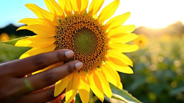 Close up of a persons hand holding a bright yellow sunflower stem
