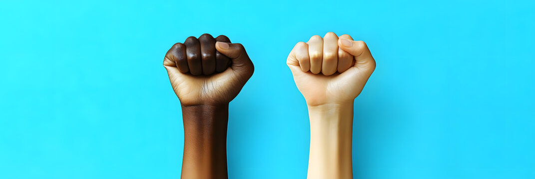 Two multiethnic raised human fists silhouettes black and brown together against a bright cyan blue background