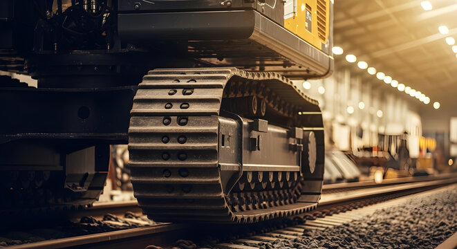A large excavator machine sits on train tracks in a dimly lit industrial warehouse at night.