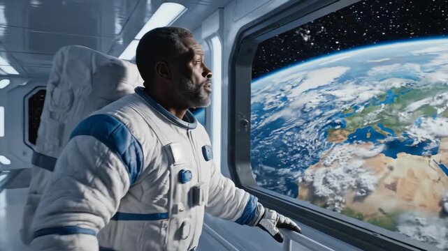 Astronaut viewing Earth from spacecraft symbolizing tranquility, harmony, and the great outdoors